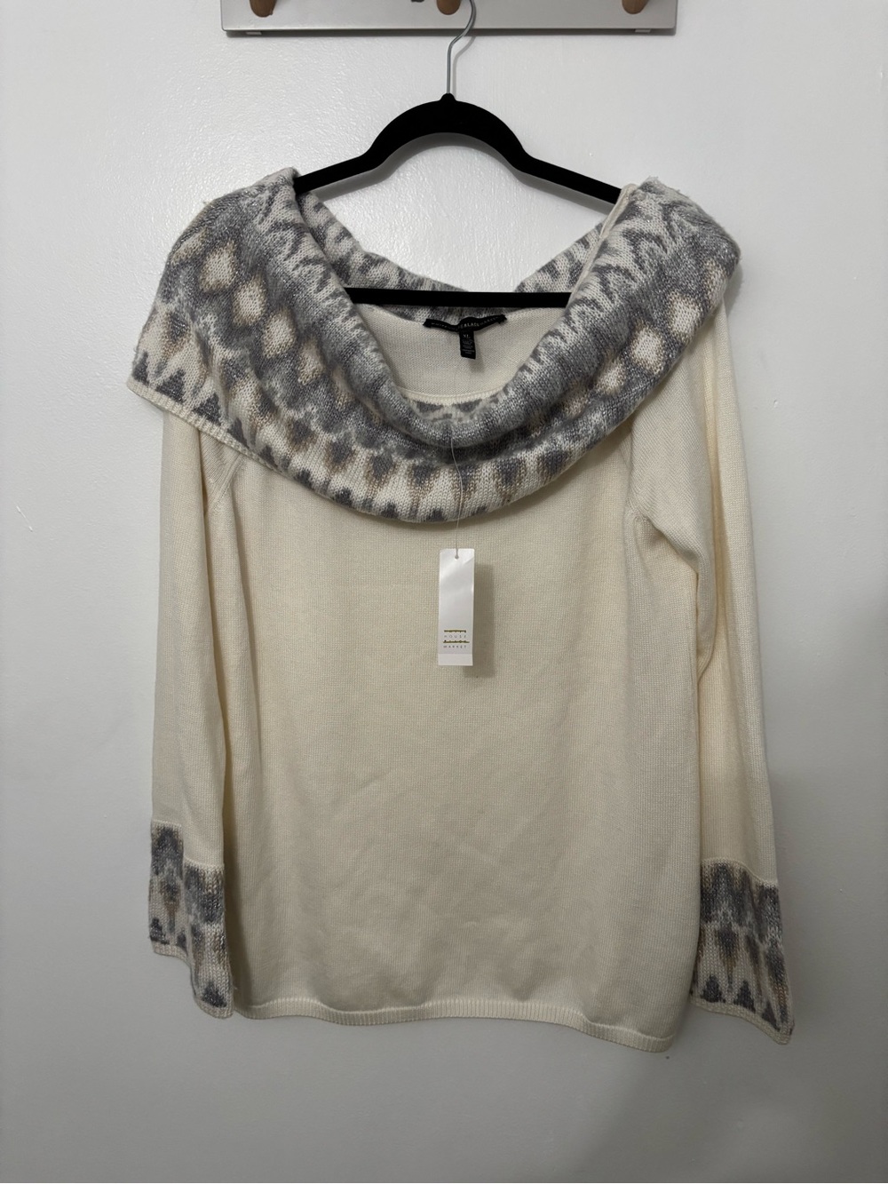 White House Black Market Cream Sweater with Patterned Cowl Neck